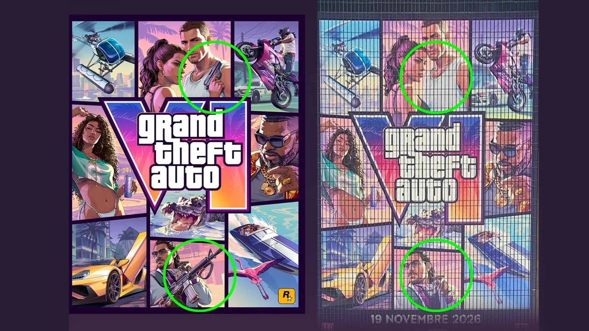 Side by side comparison of official GTA 6 cover art and the Paris banner with guns removed
