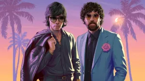 French electronic duo Justice (Gaspard Augé and Xavier de Rosnay) in Vice City for the Grand Theft Auto VI original score