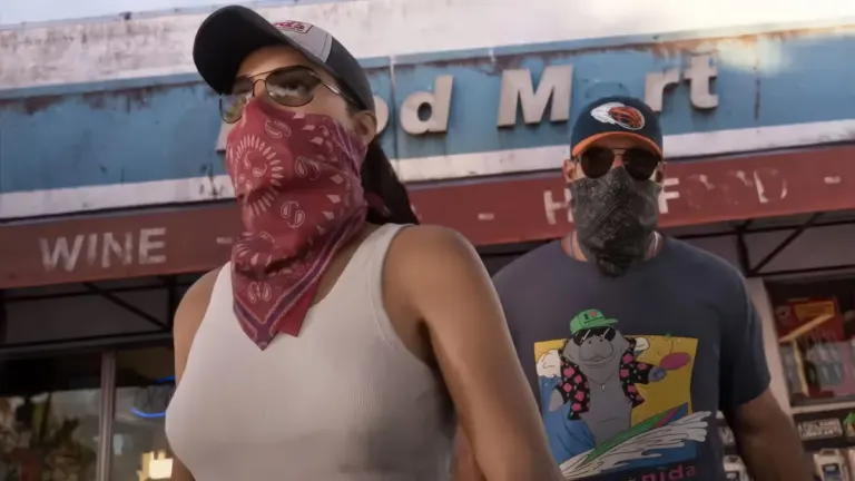 Lucia Caminos and Jason Duval wearing bandanas during a robbery in Grand Theft Auto VI