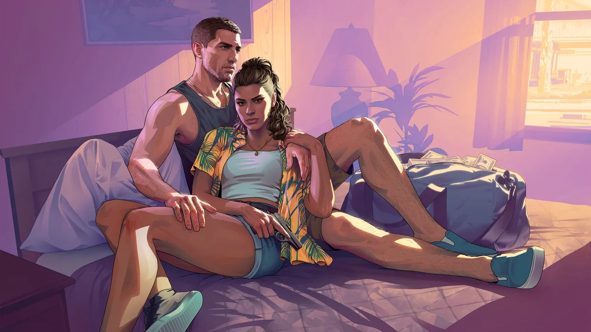Jason Duval and Lucia Caminos in a Leonida motel room with a duffel bag of cash in Grand Theft Auto VI