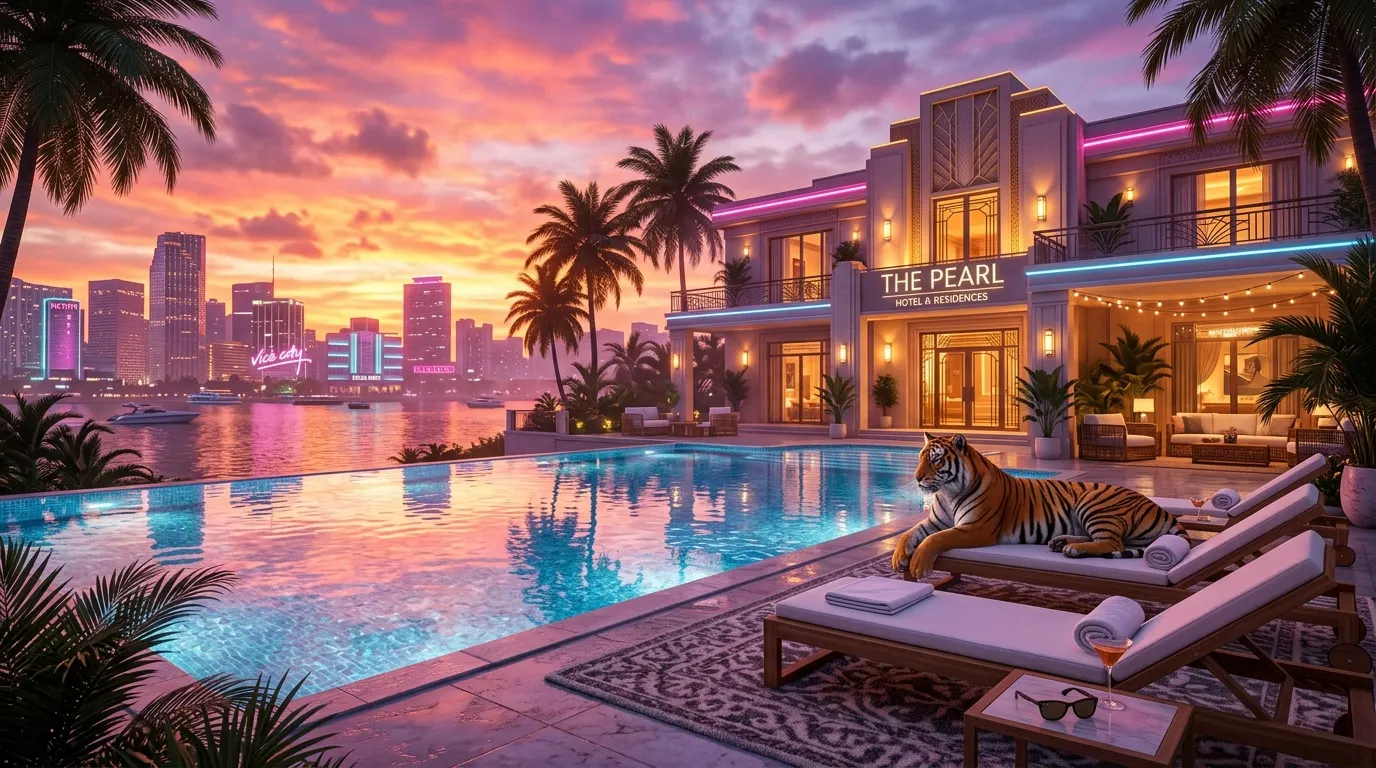 Pet tiger lounging next to a luxury villa pool in GTA 6 Vice City