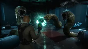 A Hazard Levels player wearing a fox mask scanning an interdimensional rift on PlayStation 5