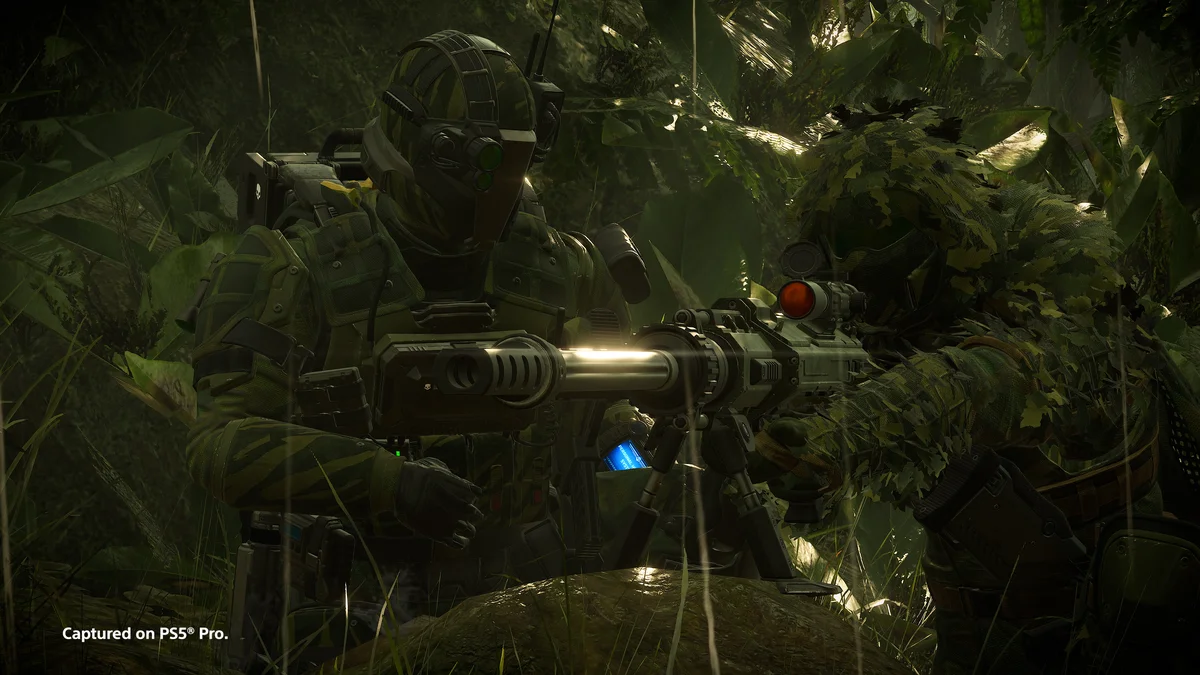 Two Helldivers in camouflaged Scope of Authority armor operating the AMW-20 Apex heavy sniper rifle in Helldivers 2 update 01.007.202