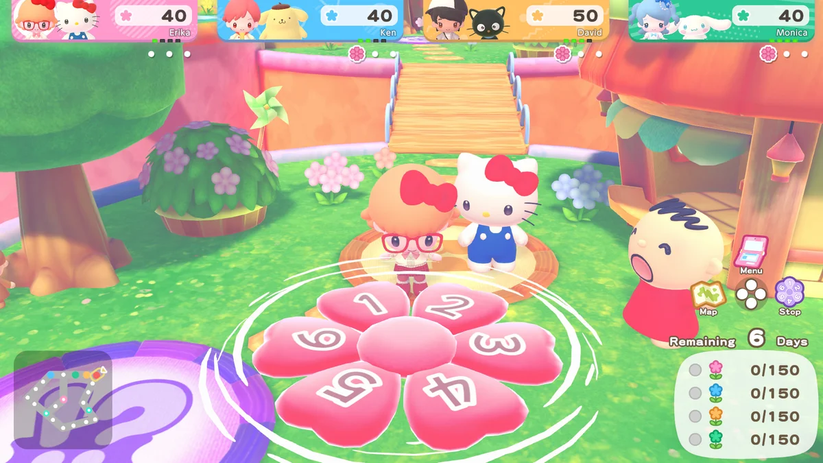 Hello Kitty Party Land Board Game Mode gameplay on Nintendo Switch 2 showing four player avatars paired with Sanrio characters