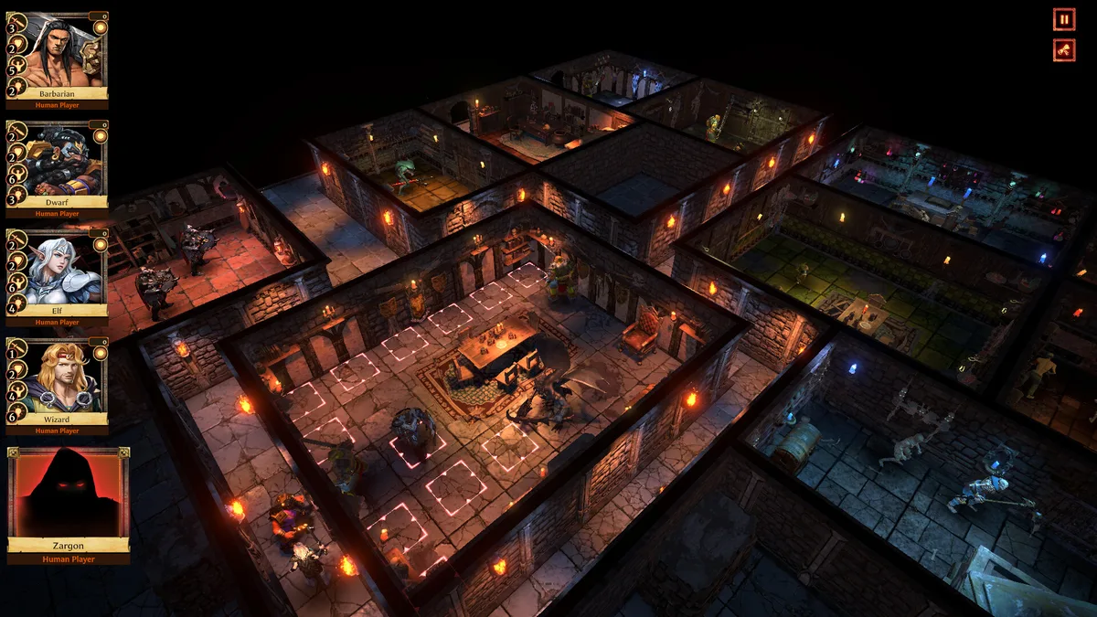 HeroQuest: Digital Edition gameplay screenshot showing the 3D dungeon board, hero portraits, and human-controlled Zargon slot