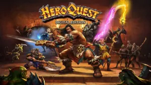 HeroQuest: Digital Edition official key art showing the Barbarian, Dwarf, Elf, and Wizard fighting Zargon forces