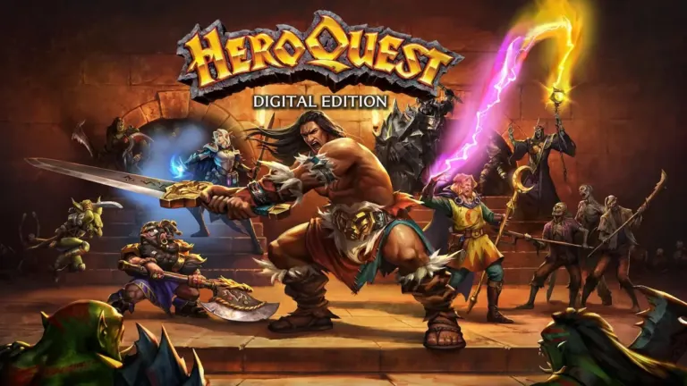 HeroQuest: Digital Edition official key art showing the Barbarian, Dwarf, Elf, and Wizard fighting Zargon forces