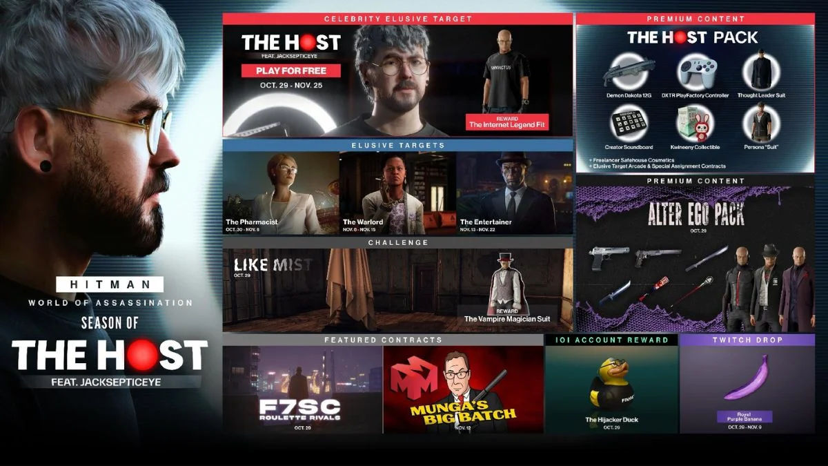 Official Season of The Host content roadmap for Hitman World of Assassination in October and November 2026