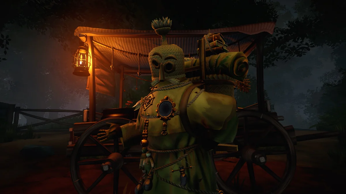 Hunter's Moon PS5 folk horror gameplay costumed villager at night