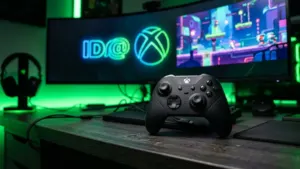 Xbox wireless controller and glowing ID@Xbox logo on gaming monitor for indie showcase and Game Pass