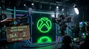 Illuminated Xbox logo inside a cinematic production studio for the new XP entertainment division