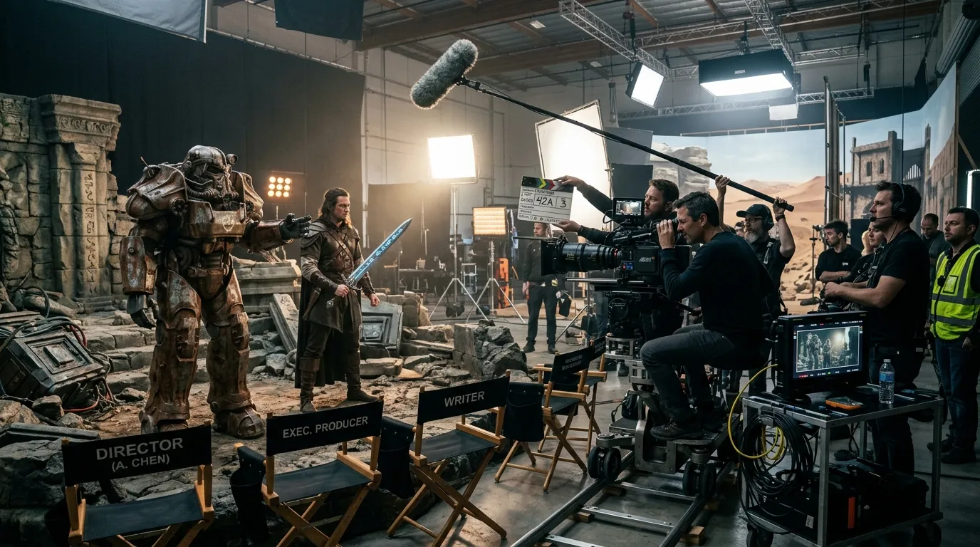 Movie soundstage production set with Fallout power armor prop for video game adaptations