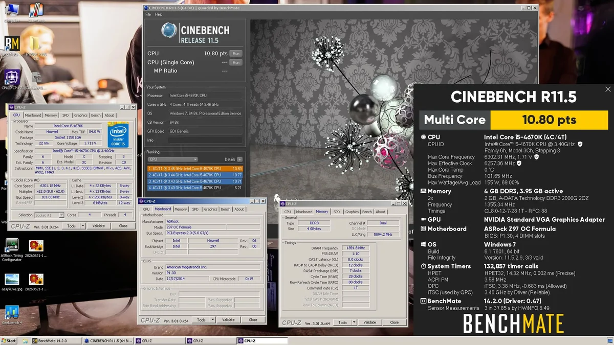 Official CPU-Z and Cinebench R11.5 screenshot of Luumi's 10.80-point world record on an Intel Core i5-4670K at 6.3 GHz