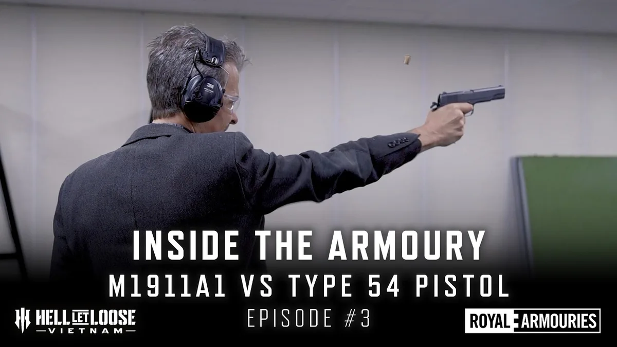 Jonathan Ferguson firing M1911A1 pistol Royal Armouries