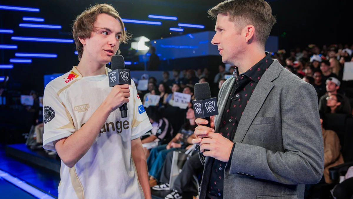 Karmine Corp bot laner Caliste interviewed on stage by Jatt after qualifying for the Worlds 2026 Swiss Stage