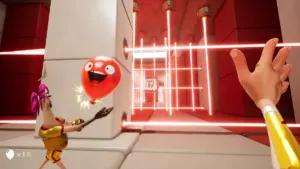 Two test subjects slapping a red balloon in front of laser beams in Keep It Up! on Steam