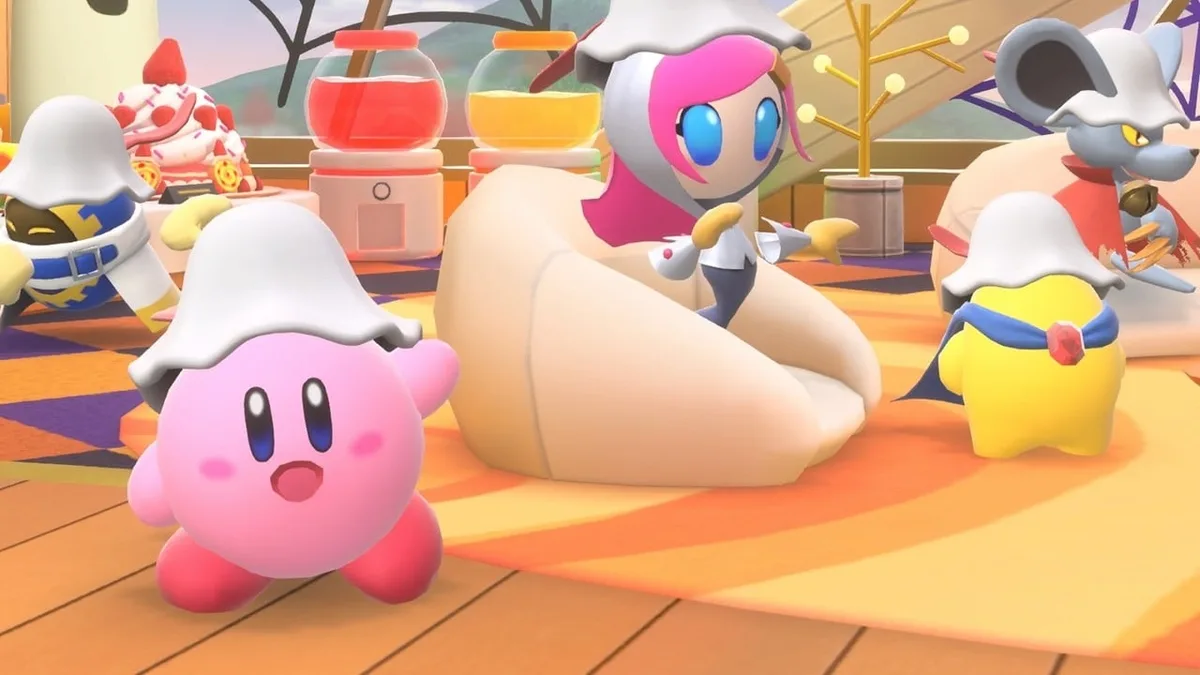 Kirby, Susie, Magolor, and Daroach wearing the Ghost headwear hat in Kirby Air Riders on Nintendo Switch 2