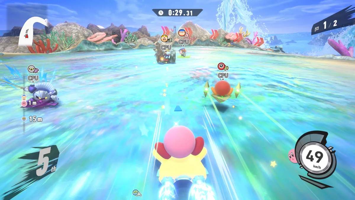 Kirby riding the Warp Star alongside Meta Knight and Waddle Doo in Kirby Air Riders on Nintendo Switch 2