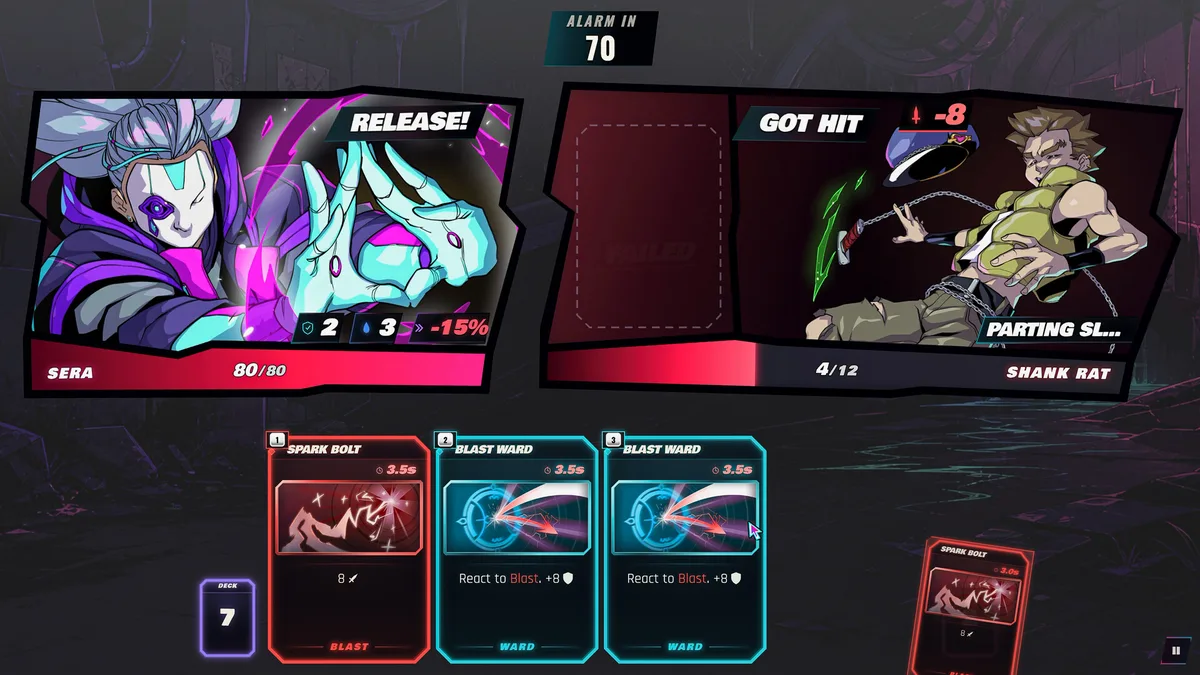 KleptoMagia gameplay screen where players inspect enemy loadouts and steal spells for their deck