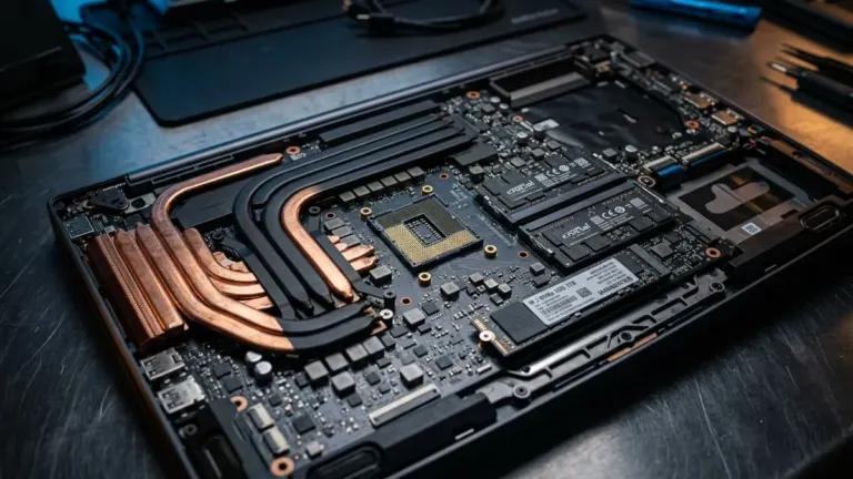 Opened gaming laptop motherboard showing CPU processor, DDR5 RAM modules and NVMe SSD storage