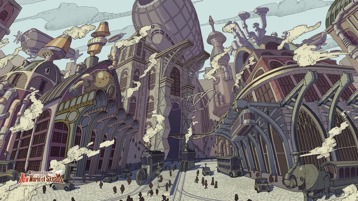 View of the avenues, monorails, and steam machinery of Steam Bison in Professor Layton and the New World of Steam