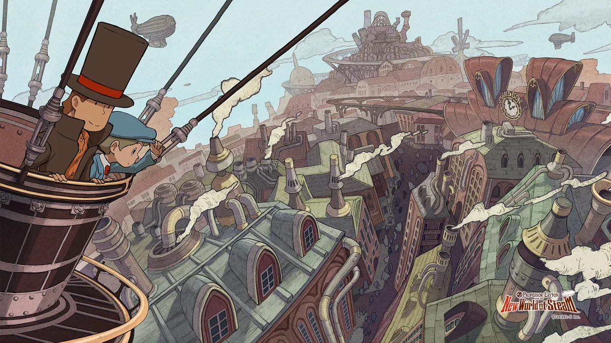 Hershel Layton and Luke Triton overlooking the steampunk city of Steam Bison from an airship in Professor Layton and the New World of Steam