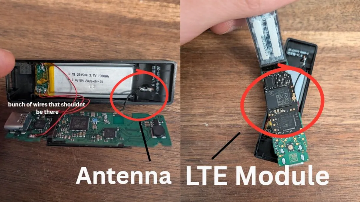 Hardware teardown of compromised Ledger wallet revealing clandestine LTE module and antenna