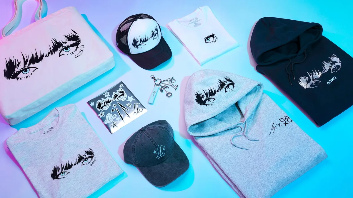 LISA x PlayStation merchandise collection featuring hoodies, caps, graphic tees, tote bag, and stickers