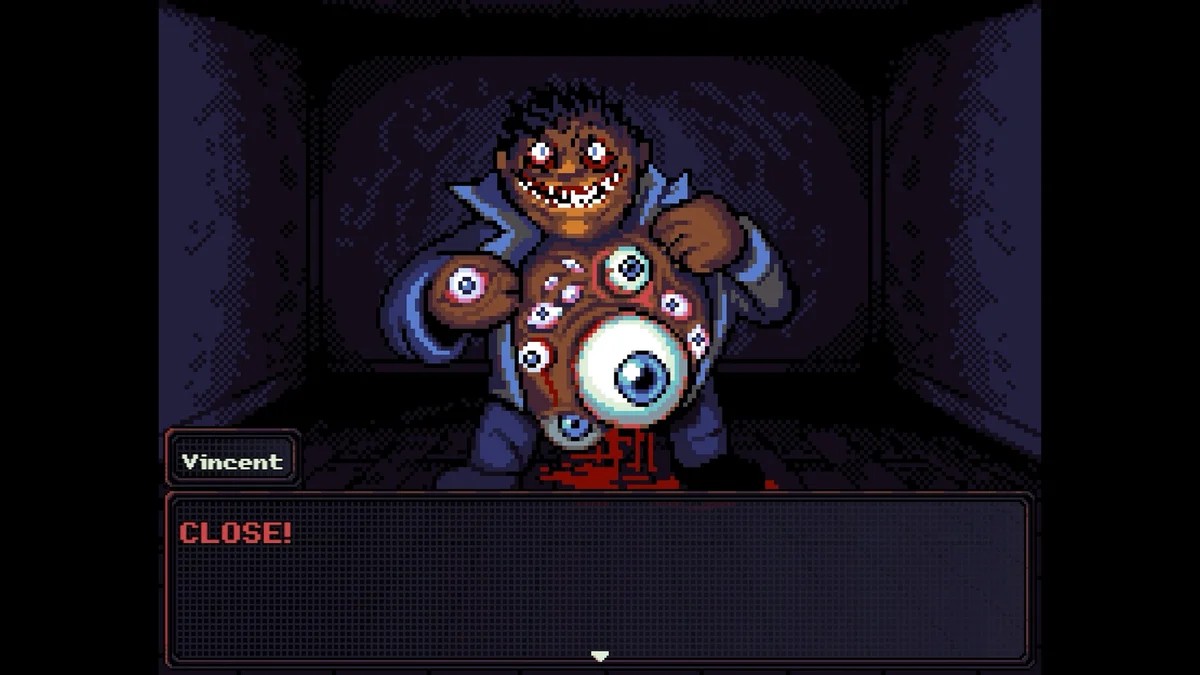 Look Outside close-up encounter with mutated neighbor Vincent covered in eyeballs