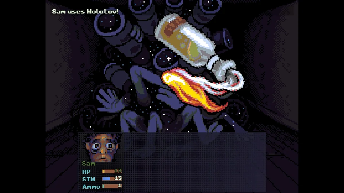 Look Outside turn-based combat throwing a Molotov cocktail at a cosmic horror boss