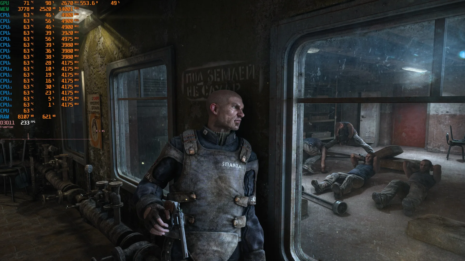 Metro 2033 Redux in-game benchmark with DLSS 5 Neural Rendering enabled at 233 FPS and 553.6W GPU power draw