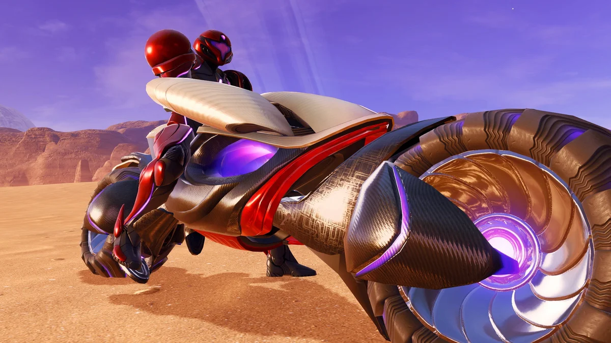 Samus Aran riding the Vi-O-La motorcycle across the Sol Valley desert in Metroid Prime 4: Beyond on Nintendo Switch 2