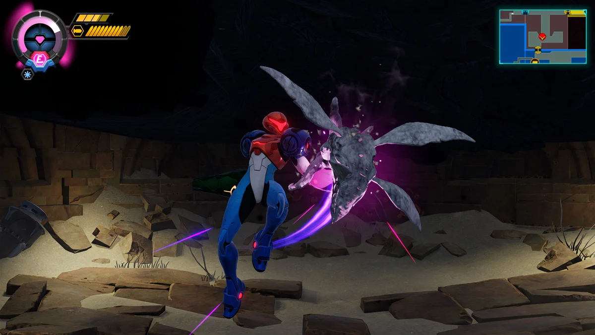 Metroid Ravenous energy siphoning gameplay by MercurySteam on Nintendo Switch 2 Samus Aran using her Metroid energy drain ability against a winged underground creature in Metroid Ravenous on Nintendo Switch 2