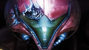 Close-up screenshot of Samus Aran with a cracked red helmet and fractured green visor in Metroid Ravenous on Nintendo Switch 2
