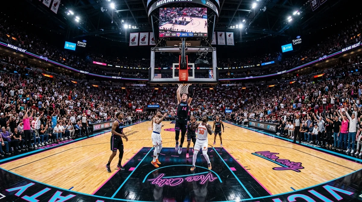 NBA basketball court with custom neon Vice City pink lines and jerseys during live game