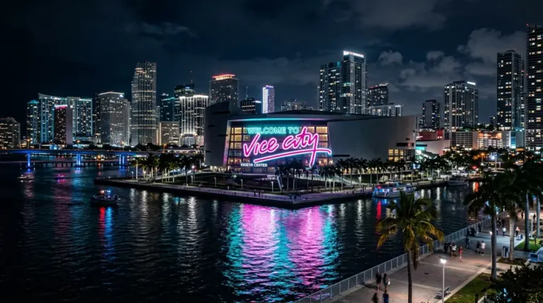 Welcome to Vice City neon sign glowing on the Kaseya Center arena roof in Miami