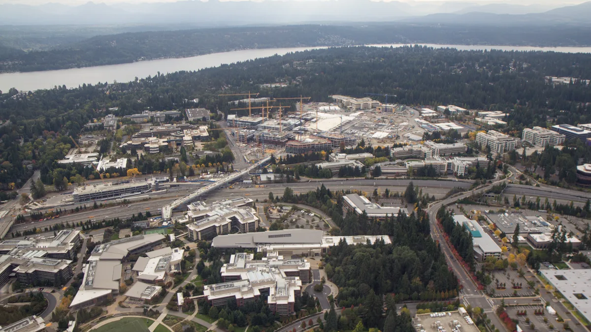 Aerial view of the Microsoft Redmond campus in the Puget Sound region
