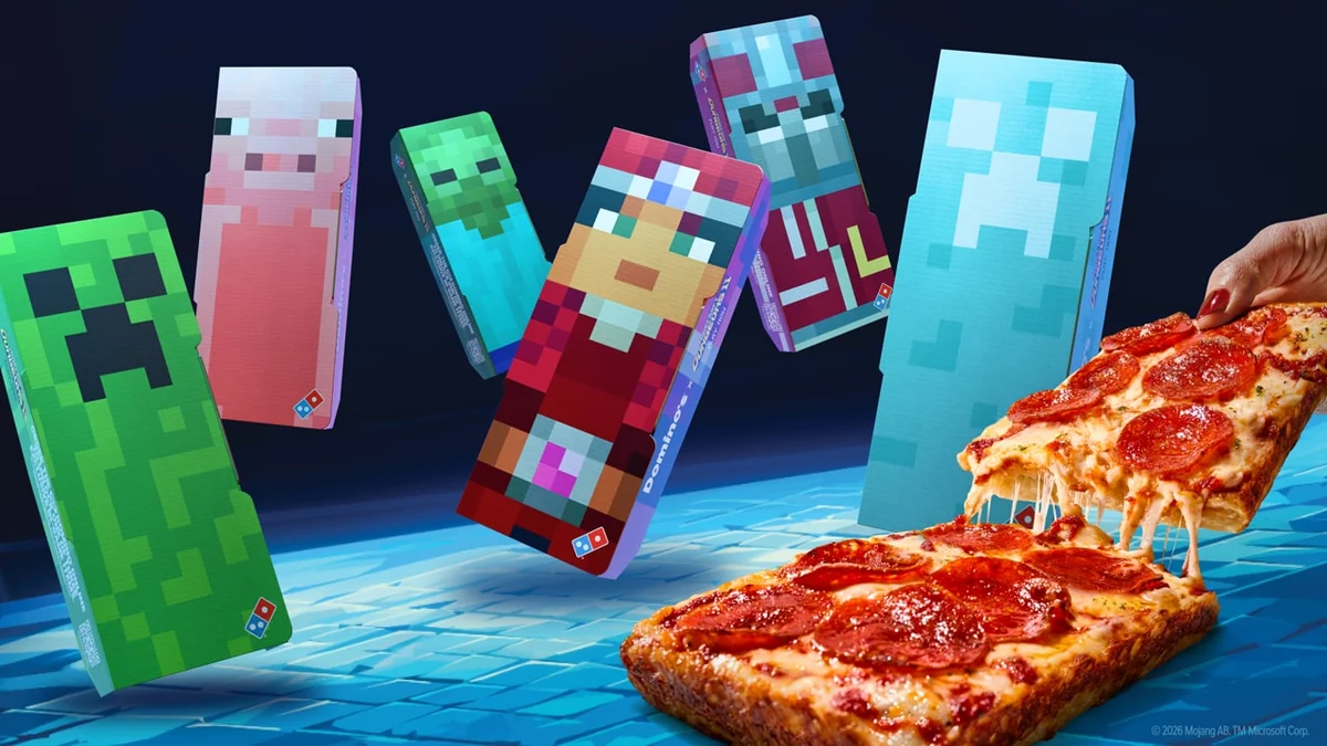 Four Minecraft Dungeons II heroes battling the Twisted Warden while wearing exclusive Domino's cosmetics