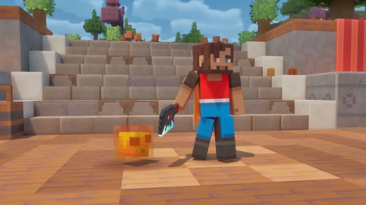 A Minecraft Dungeons II hero standing in Brave Haven wearing the Domino's Skin next to the Cheesy Cube Pet