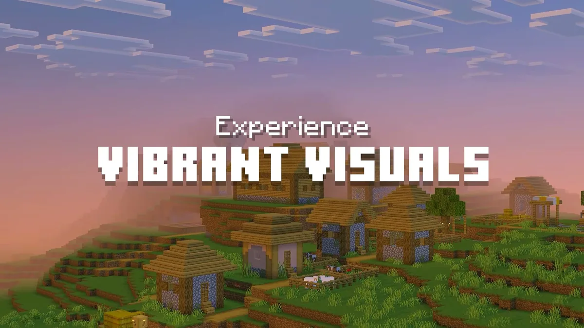 Village illuminated by the Vibrant Visuals graphics pipeline in Minecraft on Nintendo Switch 2