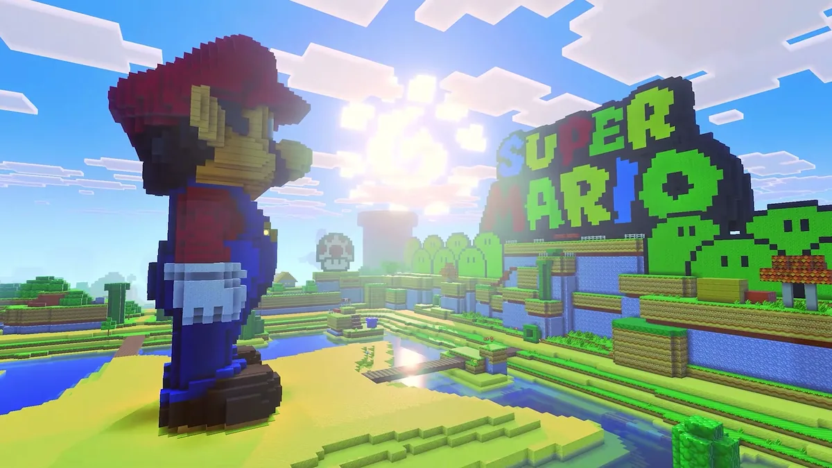 Giant Mario statue and Mushroom Kingdom lit by Vibrant Visuals shaders in Minecraft on Nintendo Switch 2