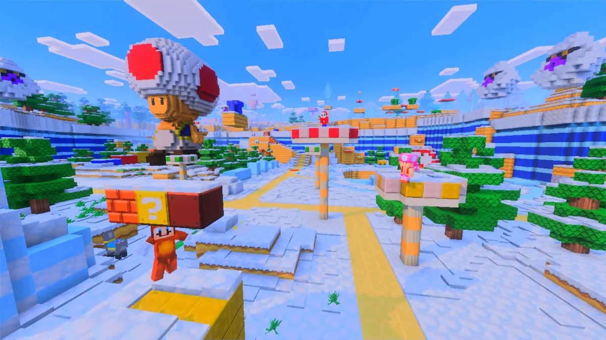 Giant Toad statue and question block in the exclusive Super Mario Mash-Up Pack on Minecraft Nintendo Switch 2 Edition
