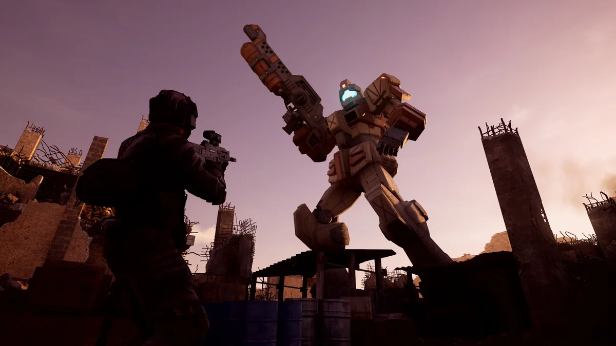 Infantry soldier facing a Mobile Suit in Gundam Battle Operation 3