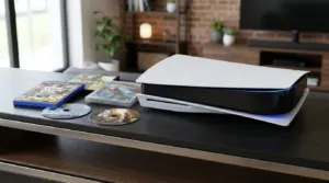 PlayStation 5 console with optical disc drive and physical PS2 and PS3 game discs