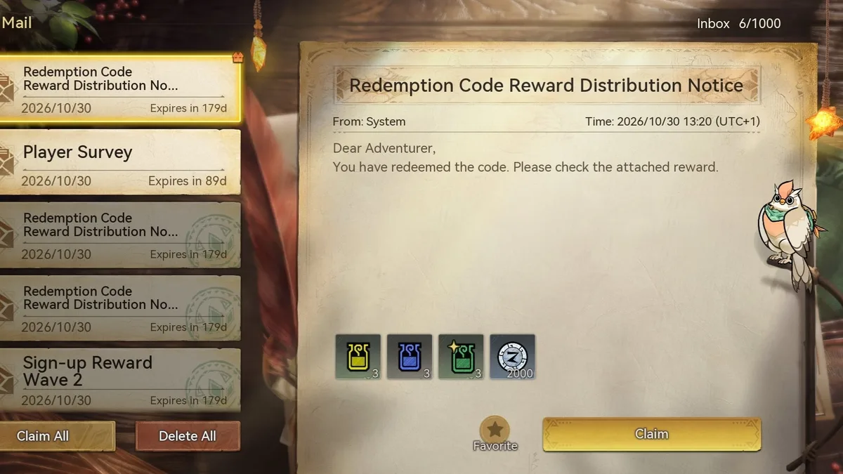 In-game Mailbox Redemption Code Reward Distribution Notice in Monster Hunter Outlanders