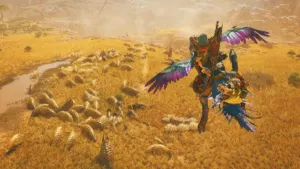 Monster Hunter Wilds on Nintendo Switch 2 hunter riding Seikret across the Forbidden Lands