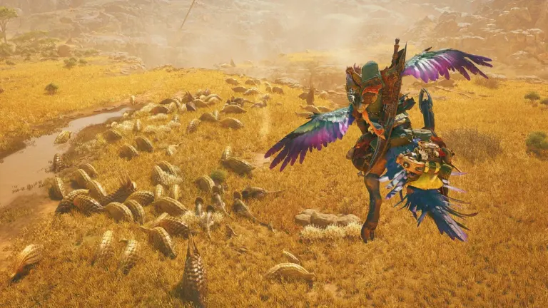 Monster Hunter Wilds on Nintendo Switch 2 hunter riding Seikret across the Forbidden Lands