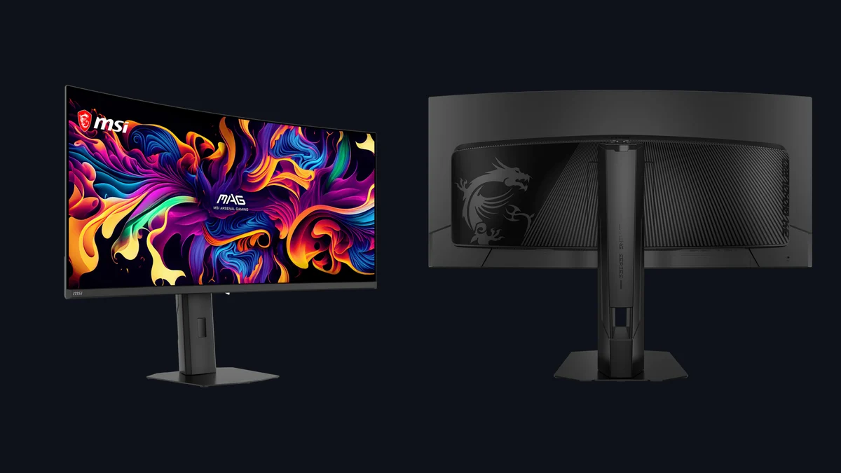 MSI MAG 341CQP QD-OLED X24 front view hexagonal stand and rear graphene heatsink