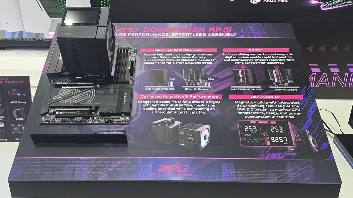 MSI MPG CoreFrozr AP15 dual-tower air cooler specifications and three-channel DIGI-DISPLAY
