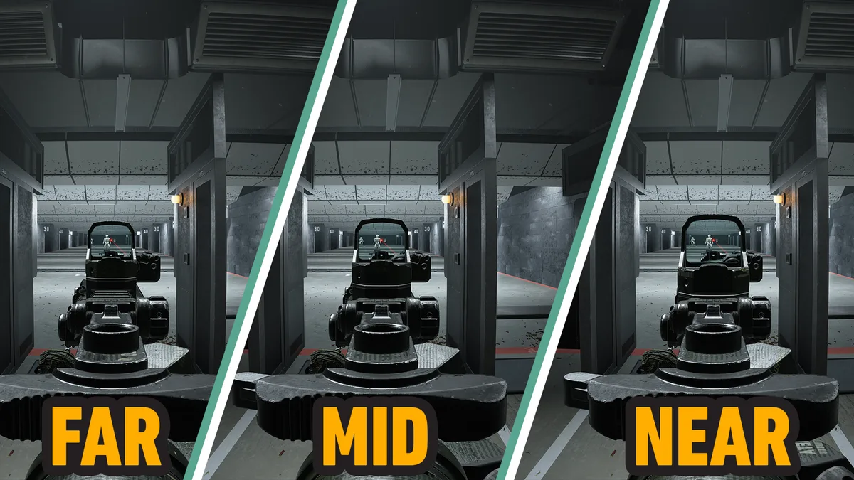 Visual ADS comparison between Far, Mid, and Near optic rail positions in Call of Duty: Modern Warfare 4